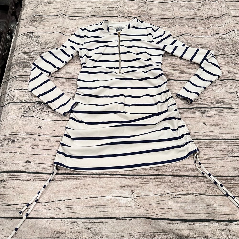 Mott50 Navy & Off White Striped Rashguard Tunic With Drawstring Sides Size XS